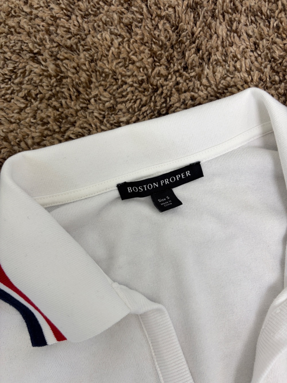 Boston Proper White Two-Piece Terry Polo Top & Short Set with Red and Navy Trim - Picture 2 of 5